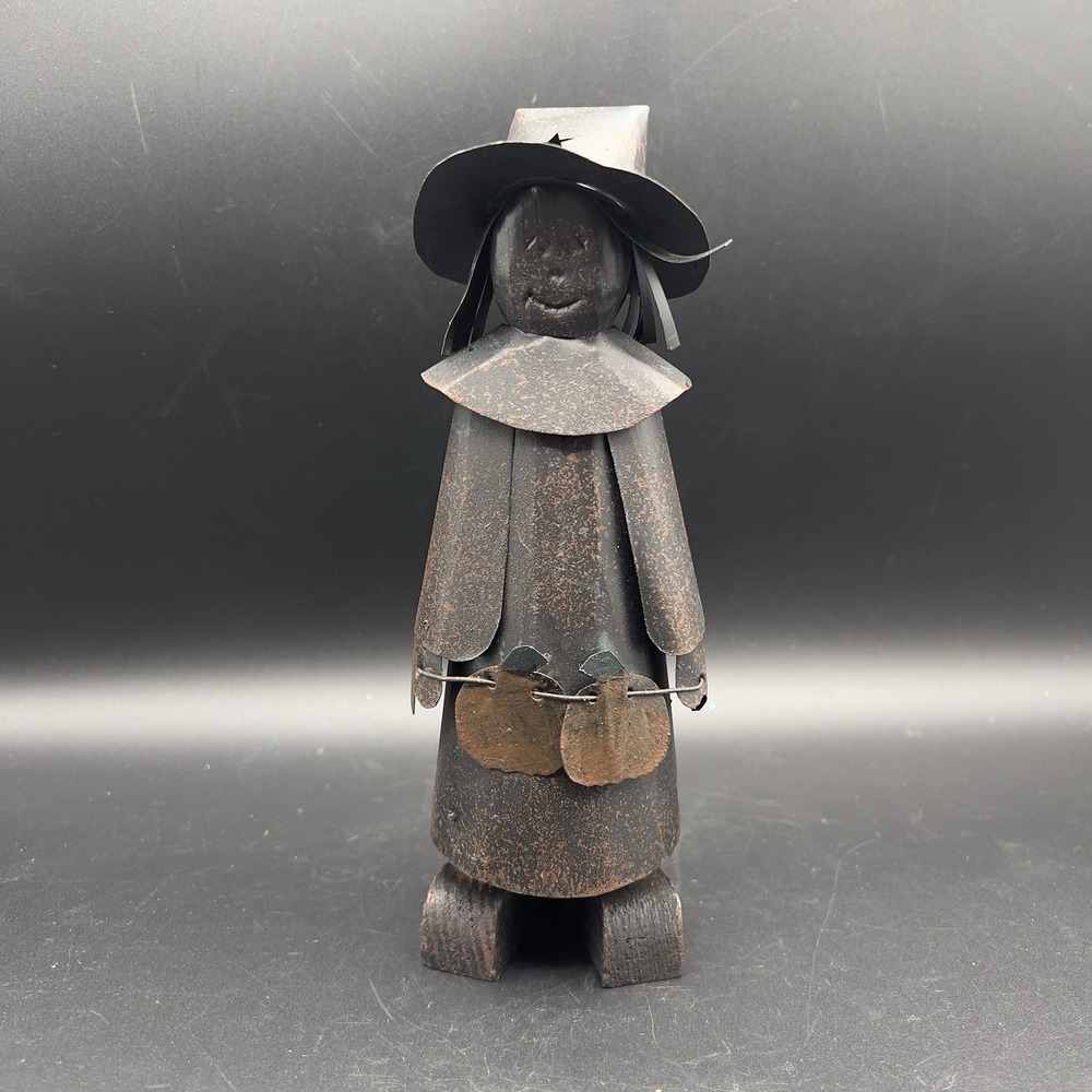 Vtg Rustic Metal Wood Witch Figure Standing Sculpture 7" Primitive Halloween